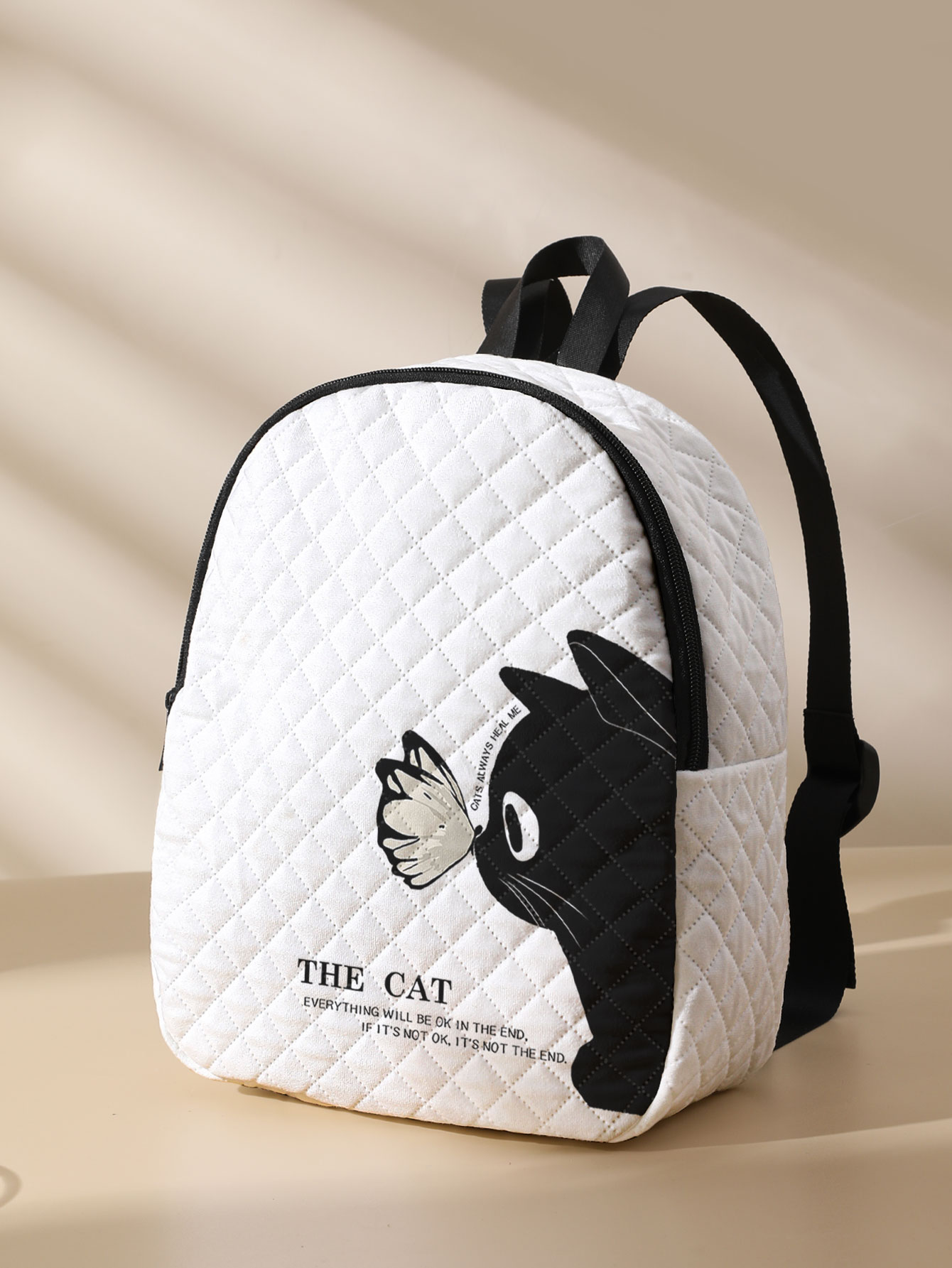 Mini Backpack Women - Black Cat Butterfly Print Quilted Compact