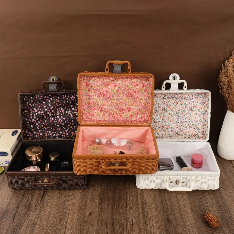 Basket Bag Wicker - Handmade Wicker Suitcase Portable Dust-proof Round