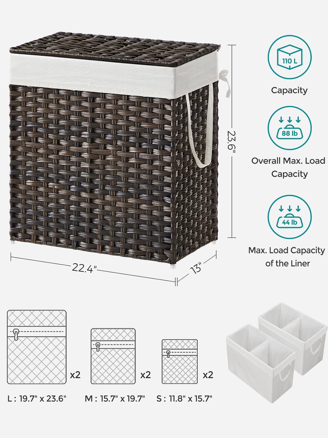 110L Double Laundry Hamper Wit - đánh giá và giá Basket Bag Wicker